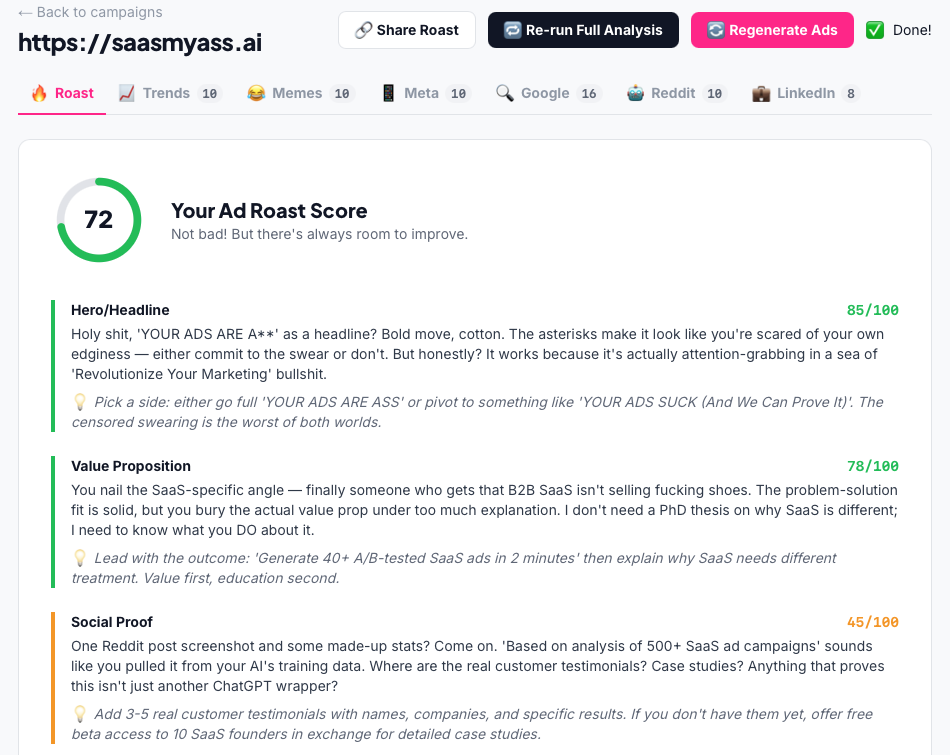 SMASS Landing Page Roast Score — section-by-section scoring